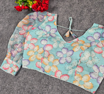 Designer Long Sleeve Organza Blouse - Pojisan Print & Embroidery
