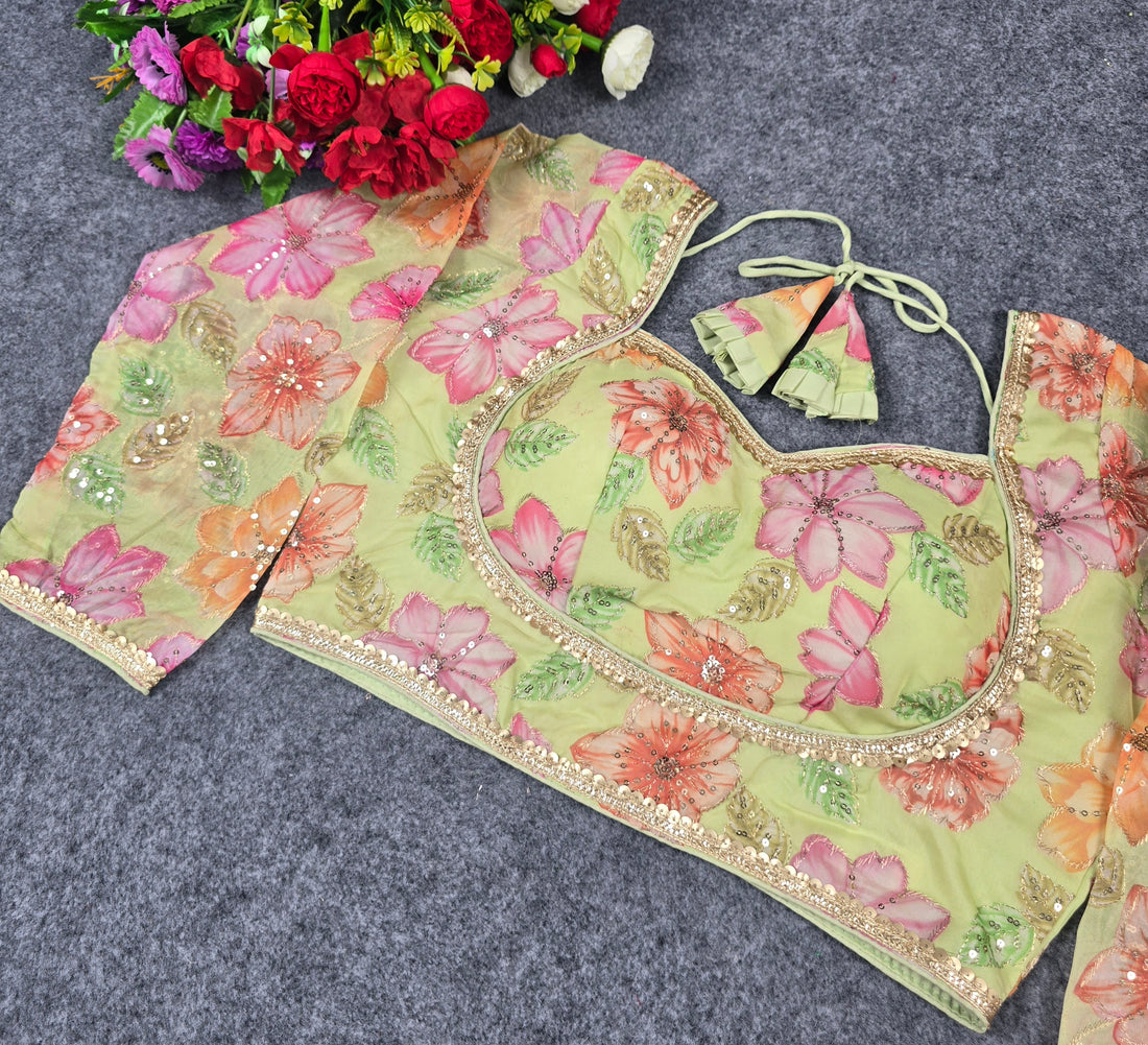 Designer Long Sleeve Organza Pojisan Embroidered Blouse – Premium Quality