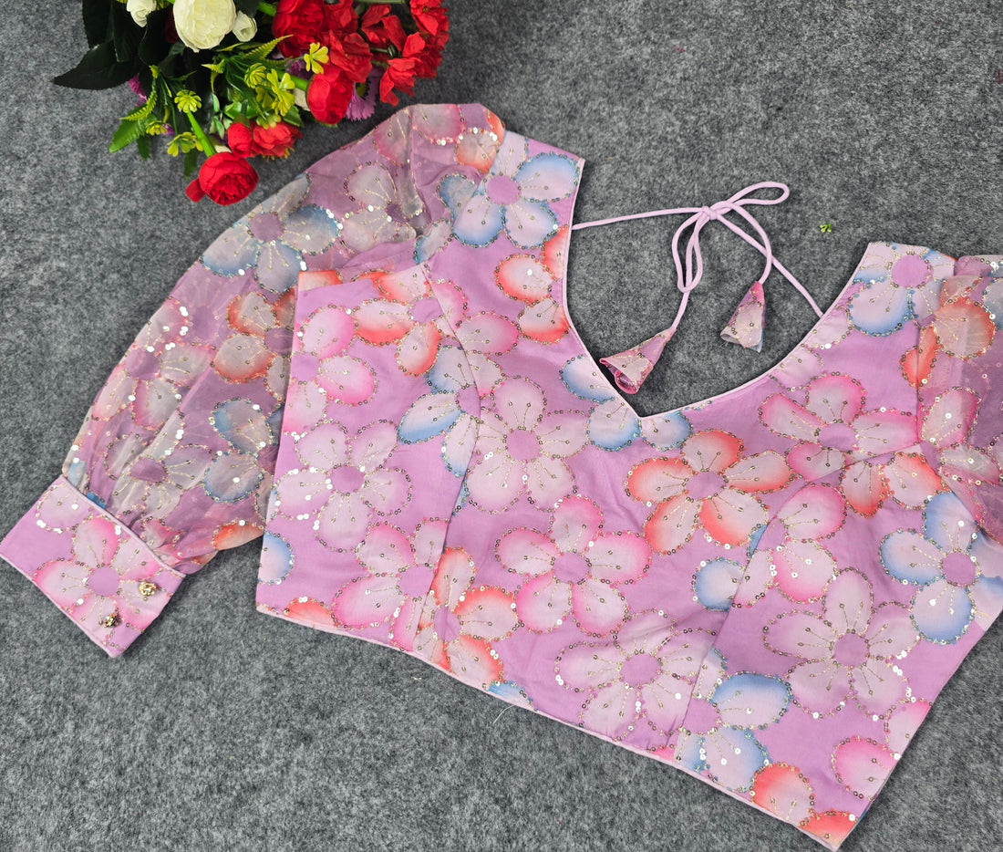 Designer Long Sleeve Organza Blouse - Pojisan Print & Embroidery