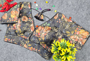 Premium Organza Pojisan Print Embroidered Blouse – Half Sleeves