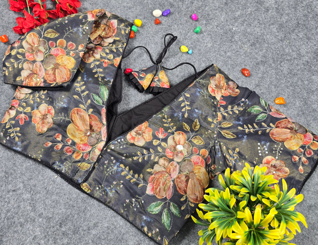 Premium Organza Pojisan Print Embroidered Blouse – Half Sleeves