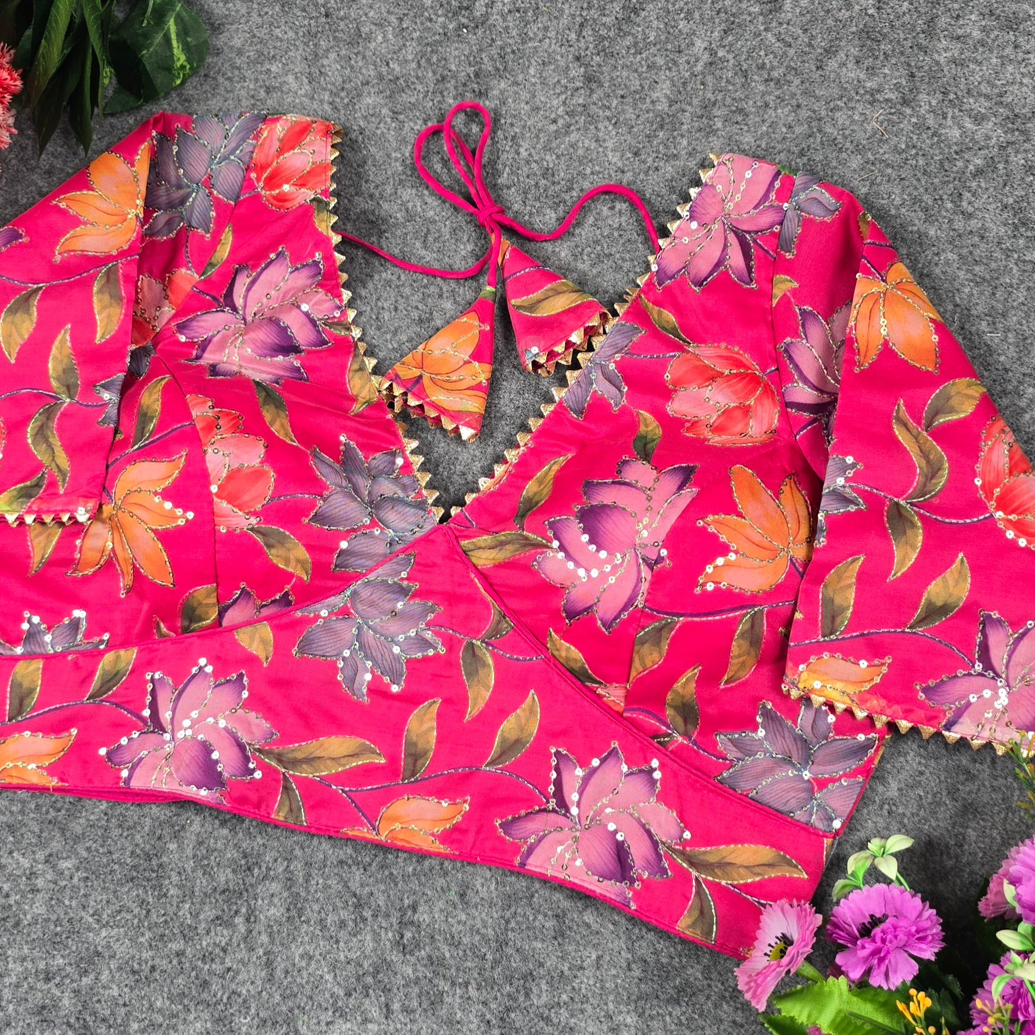 Designer Organza Blouse - Pojisan Print & Embroidery (Half Sleeves)