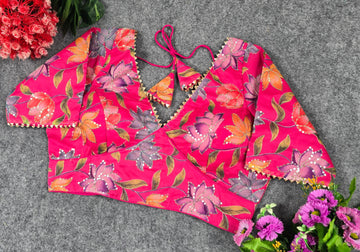 Designer Organza Blouse - Pojisan Print & Embroidery (Half Sleeves)