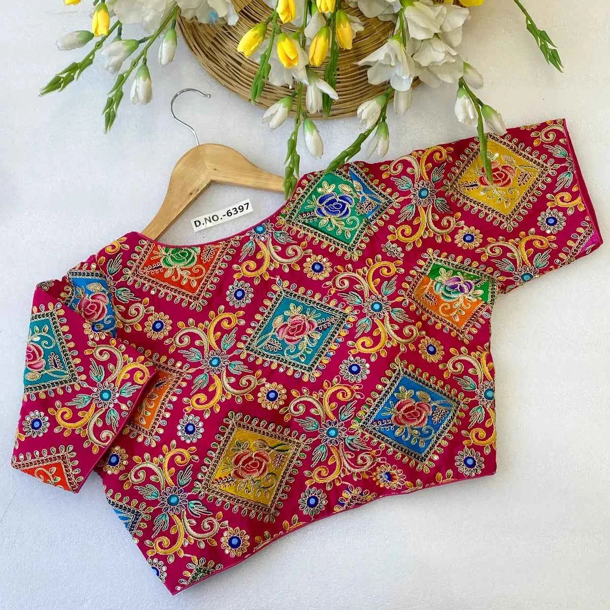 Viscose Crepe Position Print Blouse | Heavy Zari & Coding Embroidery Front Open - BL 6397