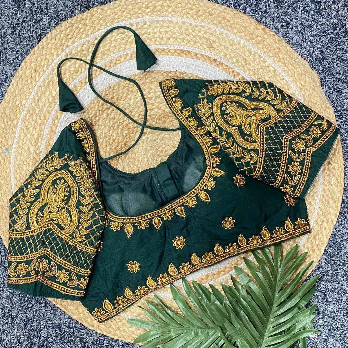 Vichitra Silk Blouse: Golden Zari & Bugle Beads Work | Pearl Embellished Round Neck - BL 6641 Blouse Line