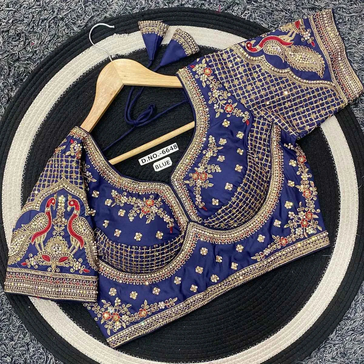 Premium Malai Silk Golden Zari Blouse with 3mm Sequins & Diamond Work - BL 6648