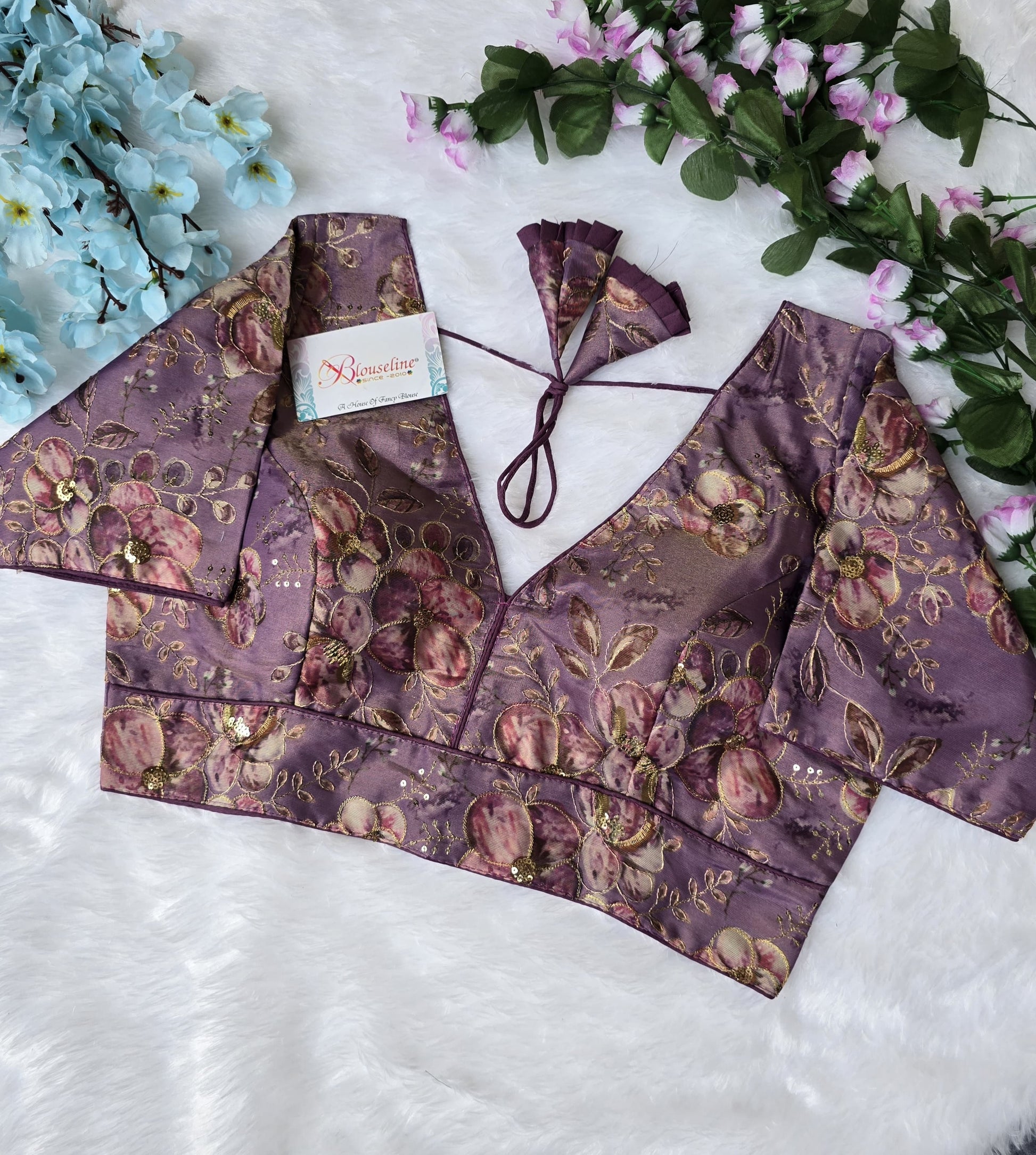 Premium Organza Pojisan Print Embroidered Blouse – Half Sleeves - BlouseLine