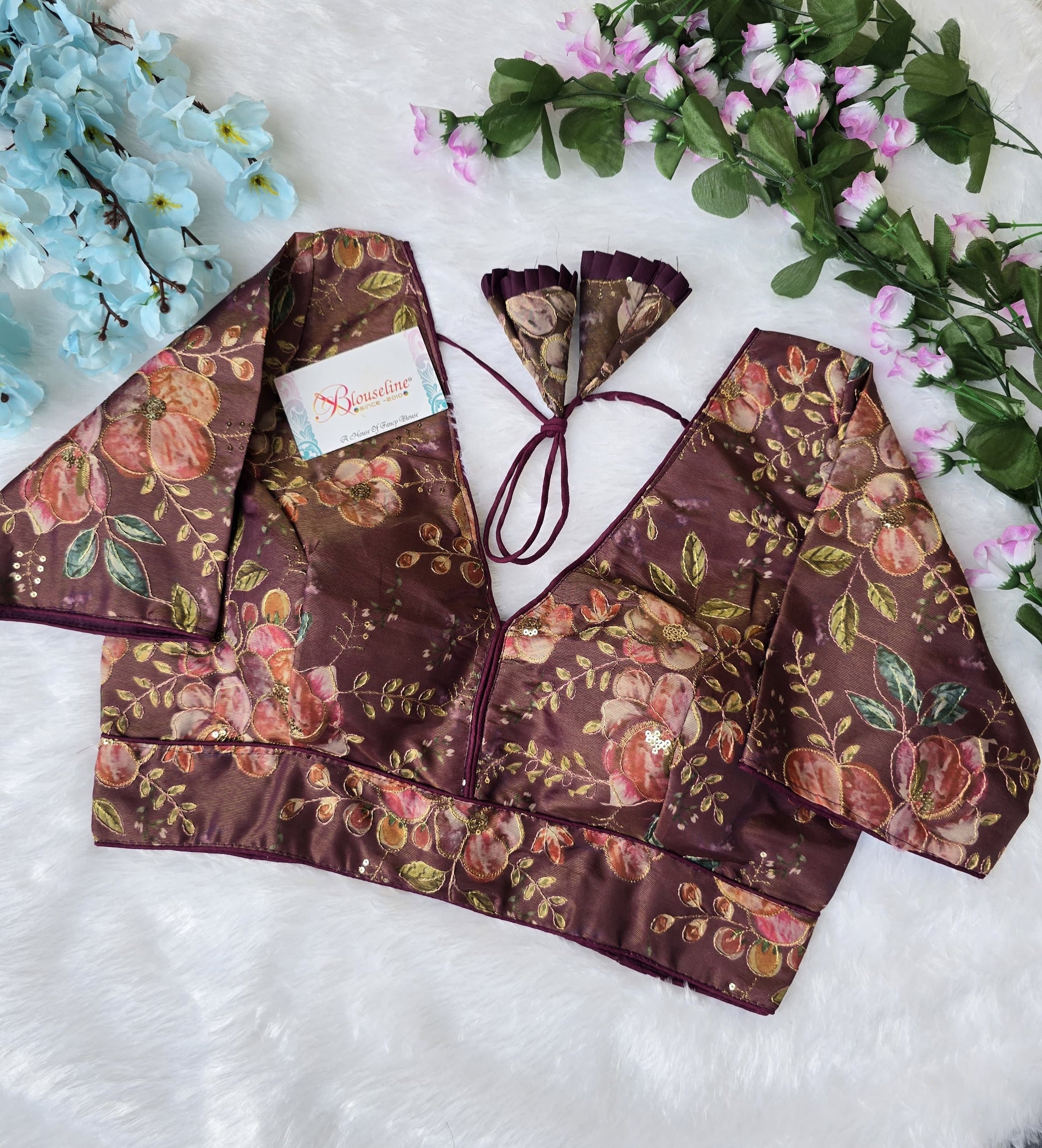 Premium Organza Pojisan Print Embroidered Blouse – Half Sleeves - BlouseLine