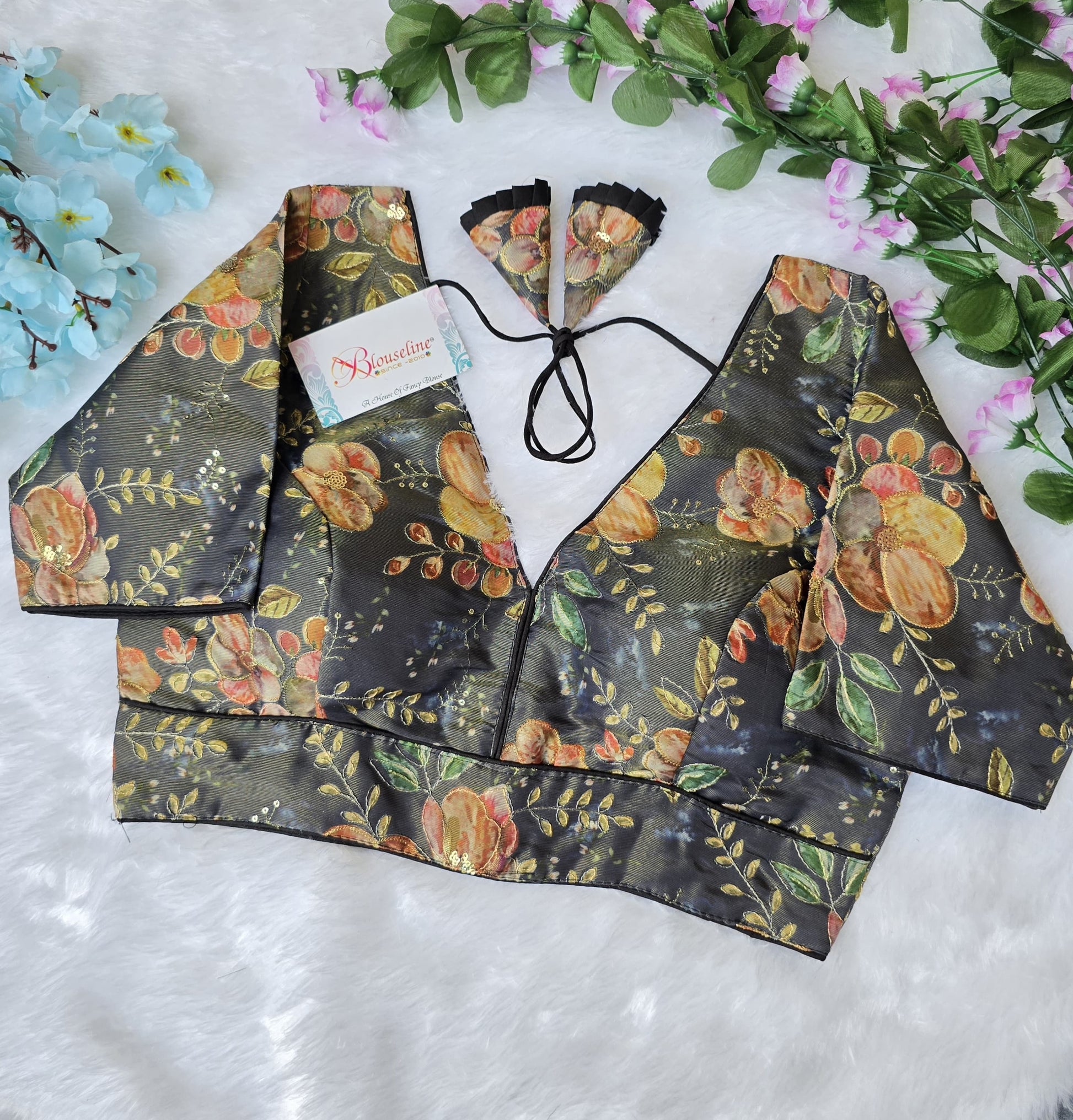 Premium Organza Pojisan Print Embroidered Blouse – Half Sleeves - BlouseLine