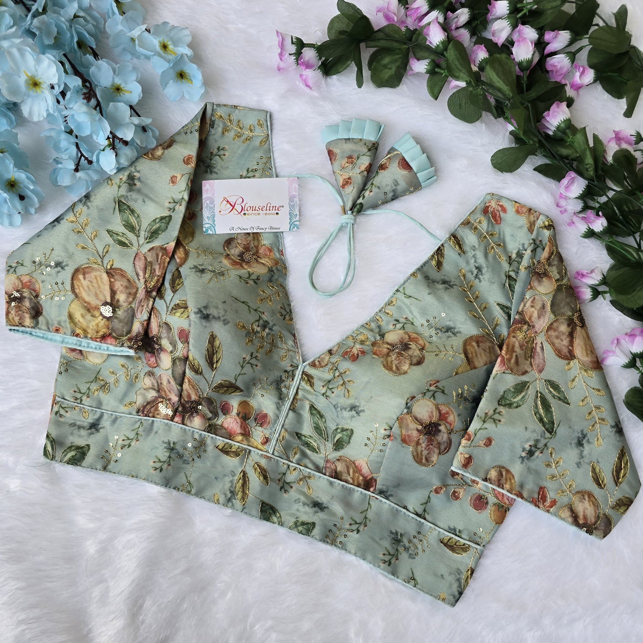 Premium Organza Pojisan Print Embroidered Blouse – Half Sleeves - BlouseLine