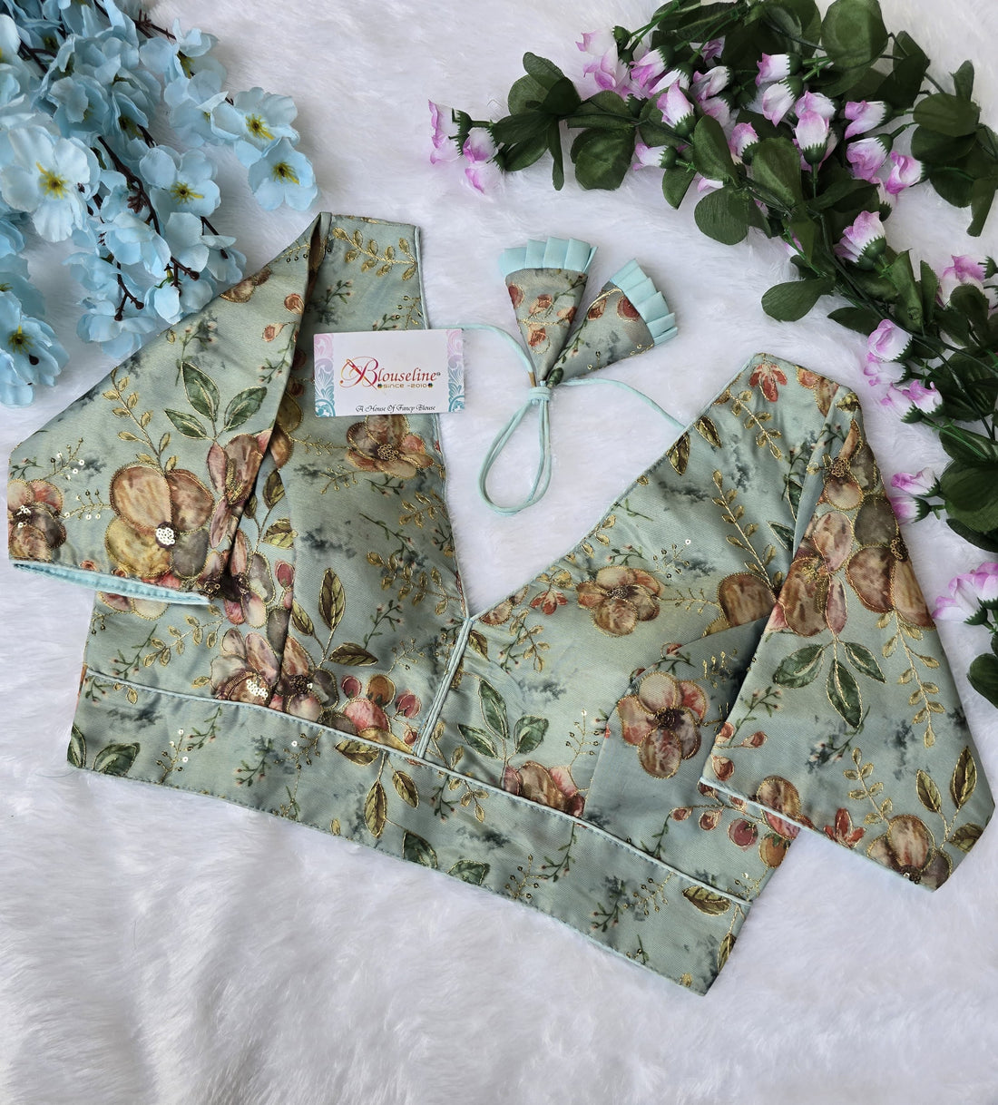 Premium Organza Pojisan Print Embroidered Blouse – Half Sleeves - BlouseLine