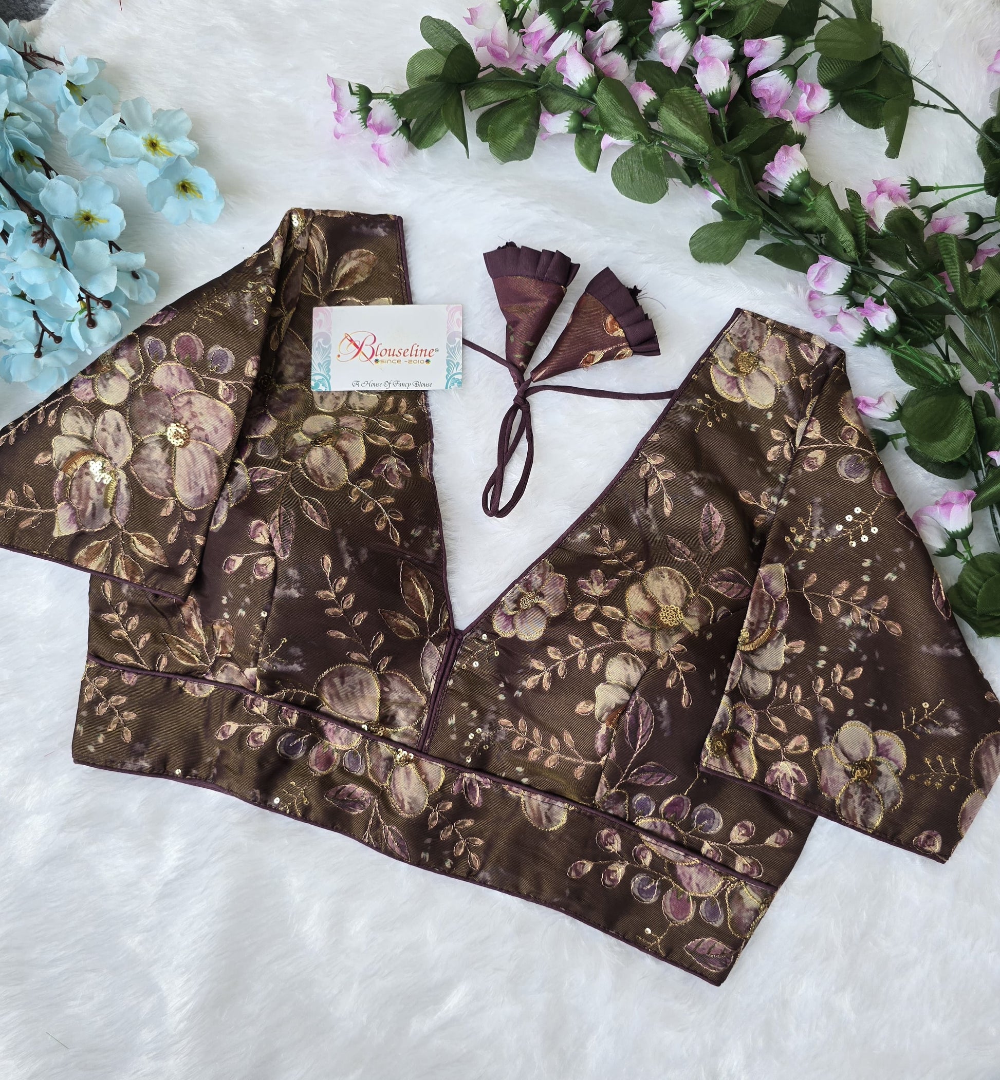 Premium Organza Pojisan Print Embroidered Blouse – Half Sleeves - BlouseLine