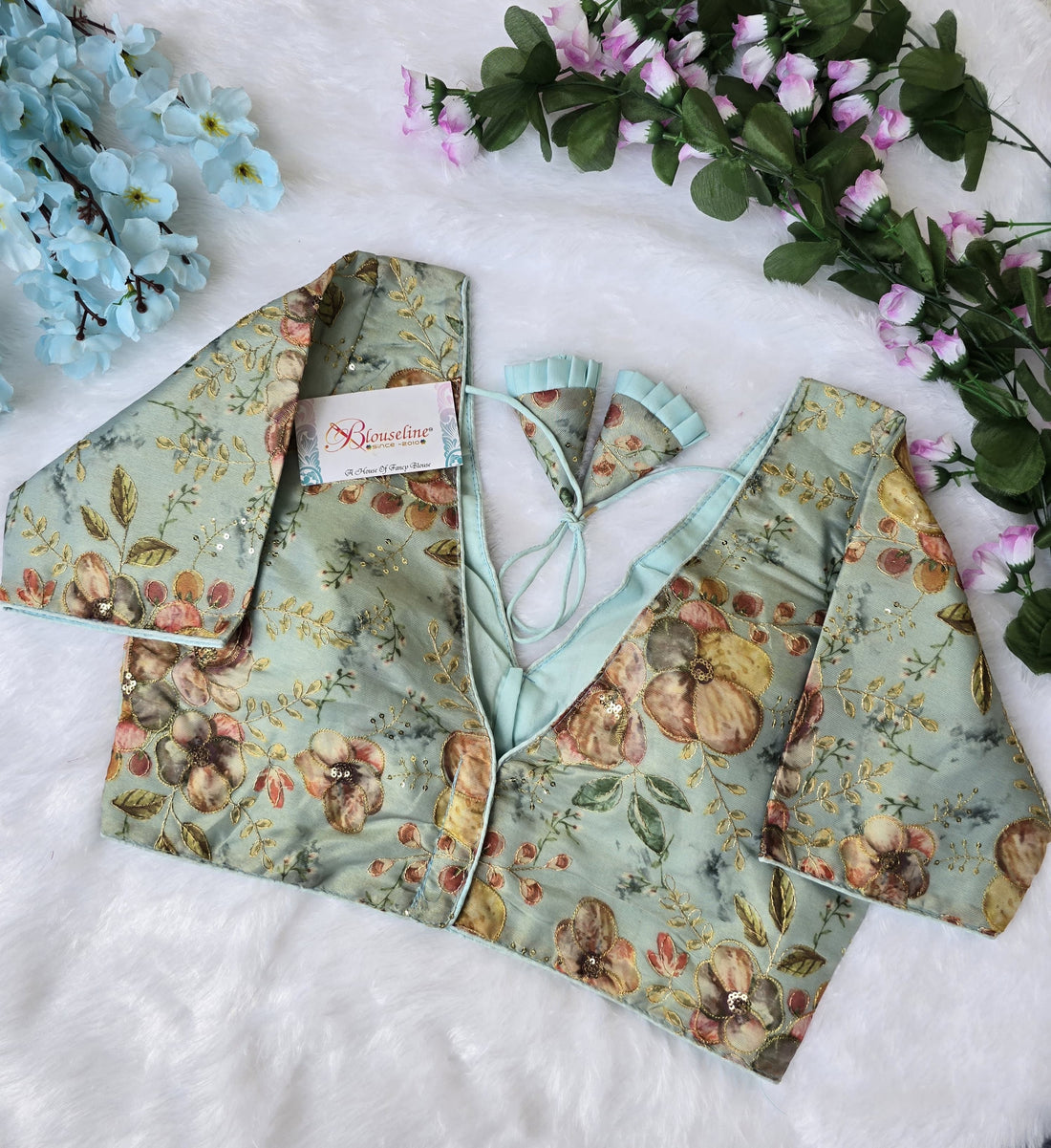 Premium Organza Pojisan Print Embroidered Blouse – Half Sleeves - BlouseLine