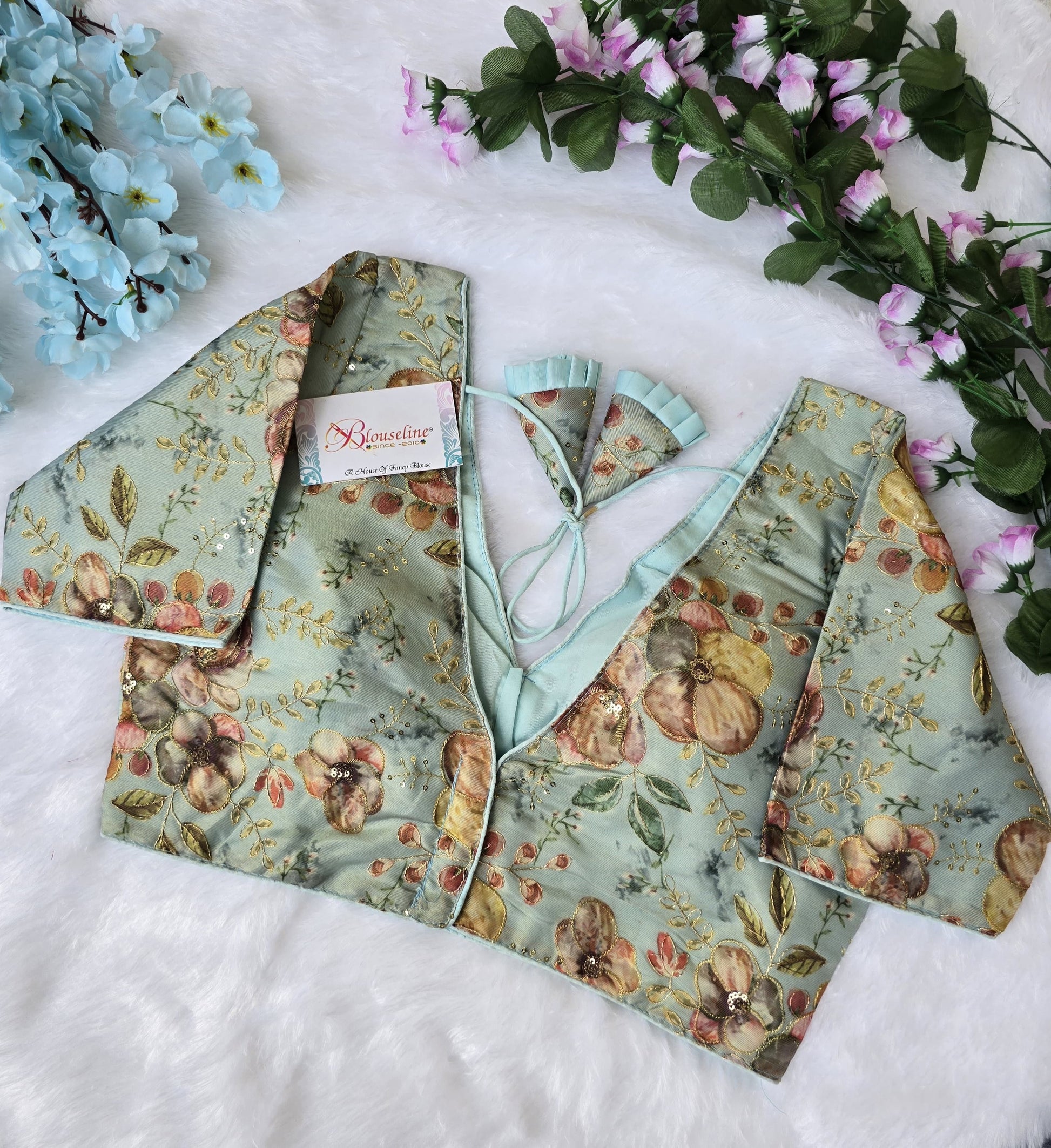 Premium Organza Pojisan Print Embroidered Blouse – Half Sleeves - BlouseLine