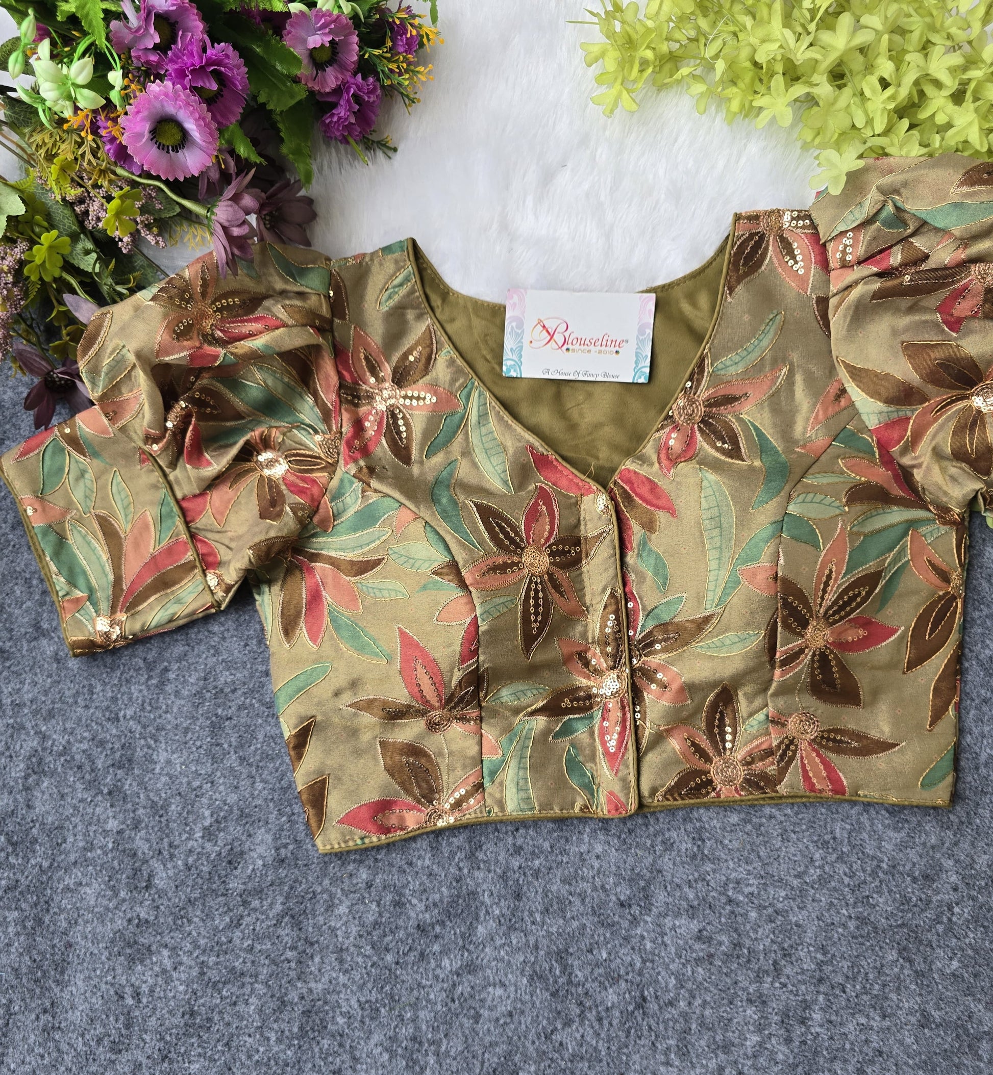 Designer Silk Pojisan Print Embroidered Blouse - Latest Trend - BlouseLine