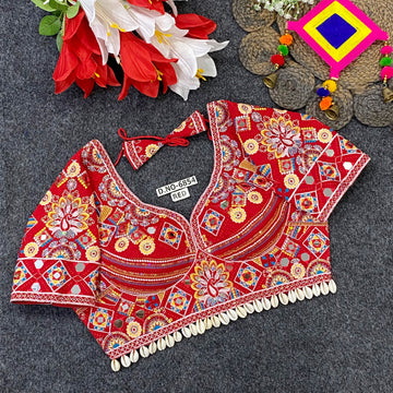 Navratri Italian Silk Blouse – Kodi & Mirror Work, Sweetheart Neck | BL - 6854