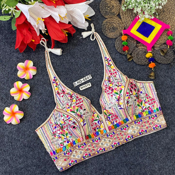 Navratri Halter Neck Mirror & Kodi Work Blouse – Deep V, Sleeveless | BL - 6847
