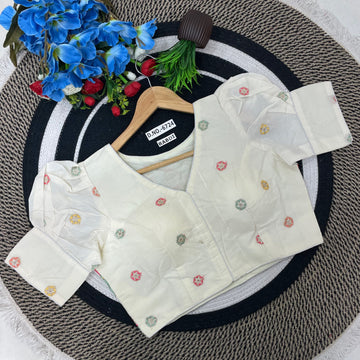 Khadi Cotton Puff Sleeves Front Open Parrot & Floral Design blouse - BL 6724