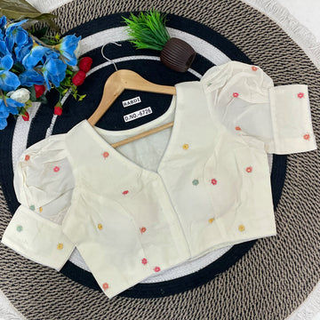 Khadi Cotton Puff Sleeve Front Open Peacock Floral Design Blouse - BL 6726