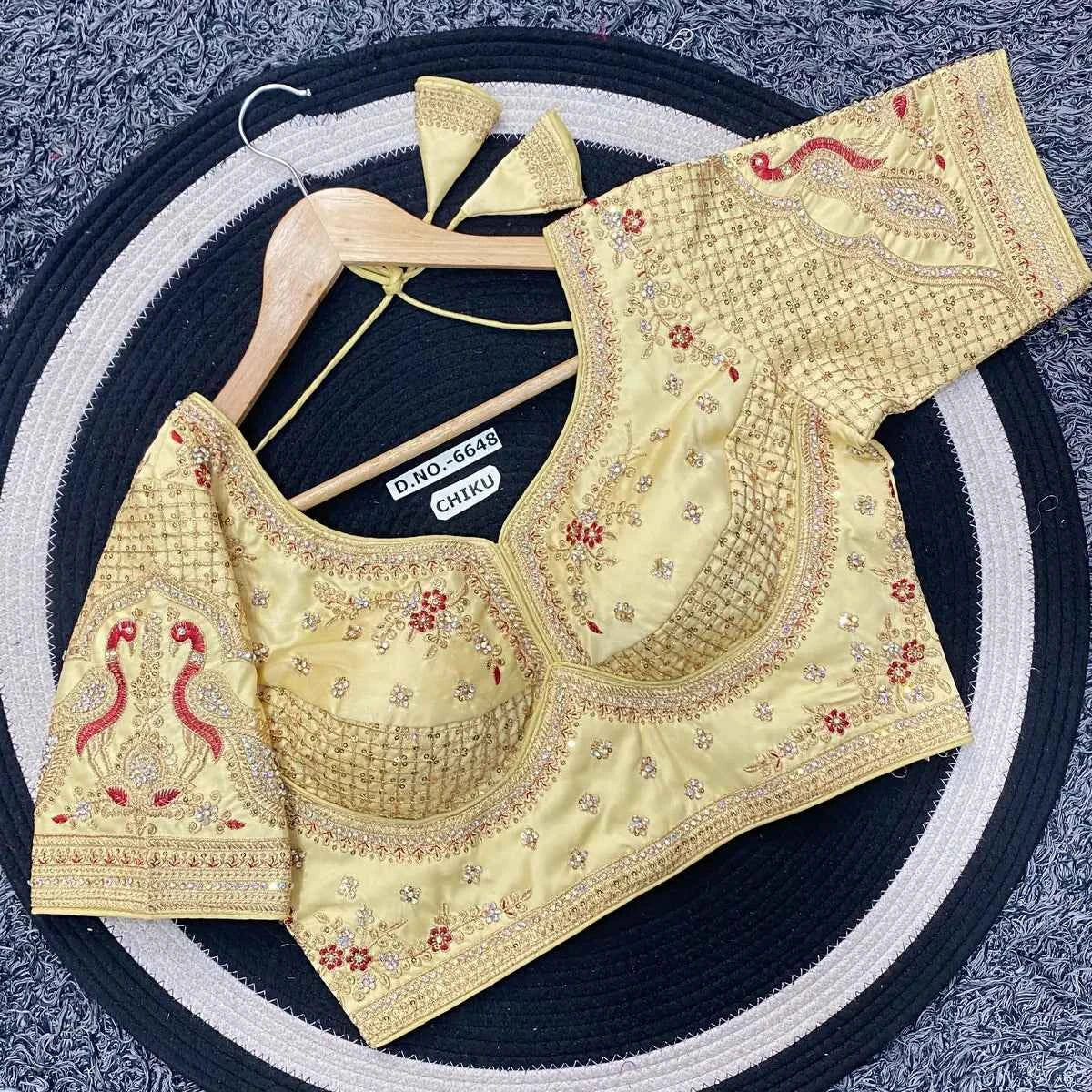 Premium Malai Silk Golden Zari Blouse with 3mm Sequins & Diamond Work - BL 6648