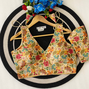 Convertible Sleeves Jacquard Digital Print Blouse - BL 6597