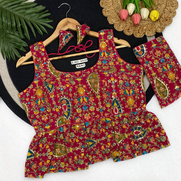 Crepe Viscose Peplum Blouse | Position Print Embroidery Saree Top - BL 6420