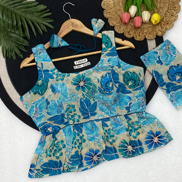 Crepe Viscose Peplum Blouse  Position Print Embroidery & Convertible Sleeves - BL 6556