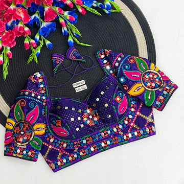 Navratri Italian Silk Blouse – Masaba-Style Pattern, Mirror & Bead Work, Back Open | BL 6932