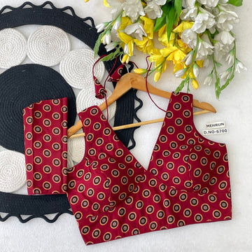 V-Neck Ajrakh Cotton Placed Motif blouse - BL 6700