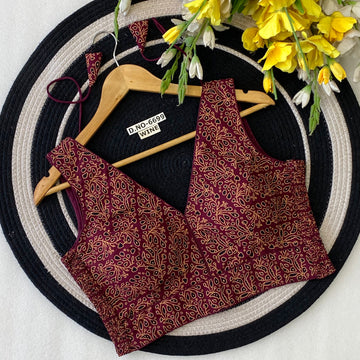 Stretchable Spaghetti V-Neck Ajrakh Cotton blouse - BL 6699