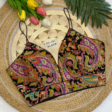 Spaghetti Deep V-Neck Blouse - Pure Natural Crepe Embroidery | Blouse Line Surat - BL 5537