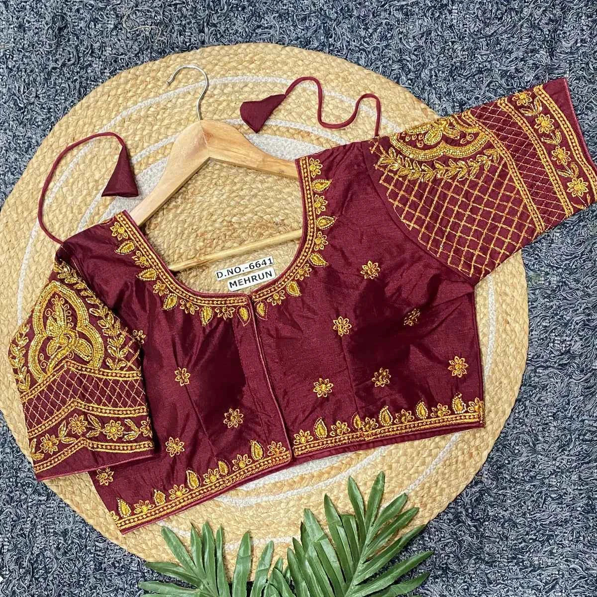 Vichitra Silk Blouse: Golden Zari & Bugle Beads Work | Pearl Embellished Round Neck - BL 6641 Blouse Line