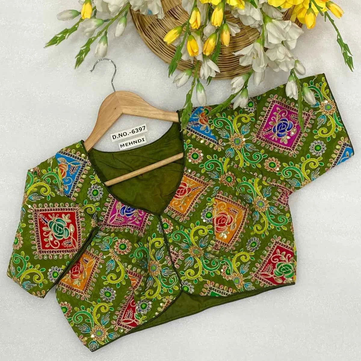 Viscose Crepe Position Print Blouse | Heavy Zari & Coding Embroidery Front Open - BL 6397