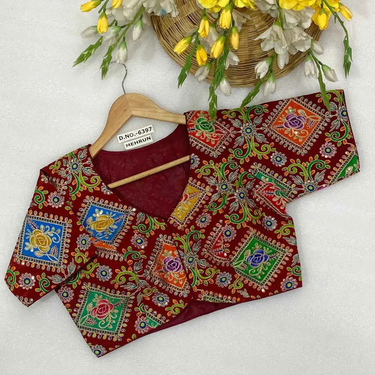 Viscose Crepe Position Print Blouse | Heavy Zari & Coding Embroidery Front Open - BL 6397