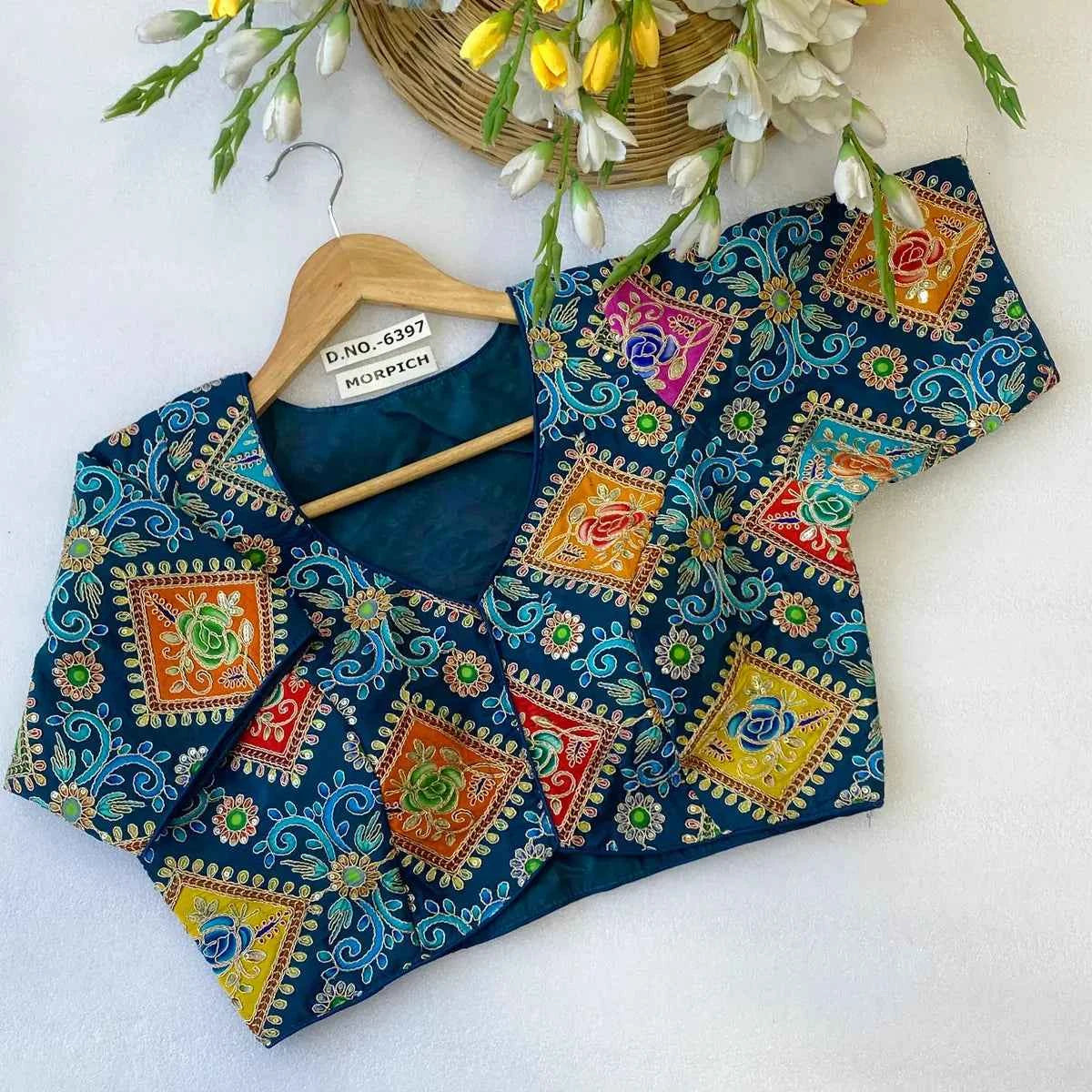 Viscose Crepe Position Print Blouse | Heavy Zari & Coding Embroidery Front Open - BL 6397