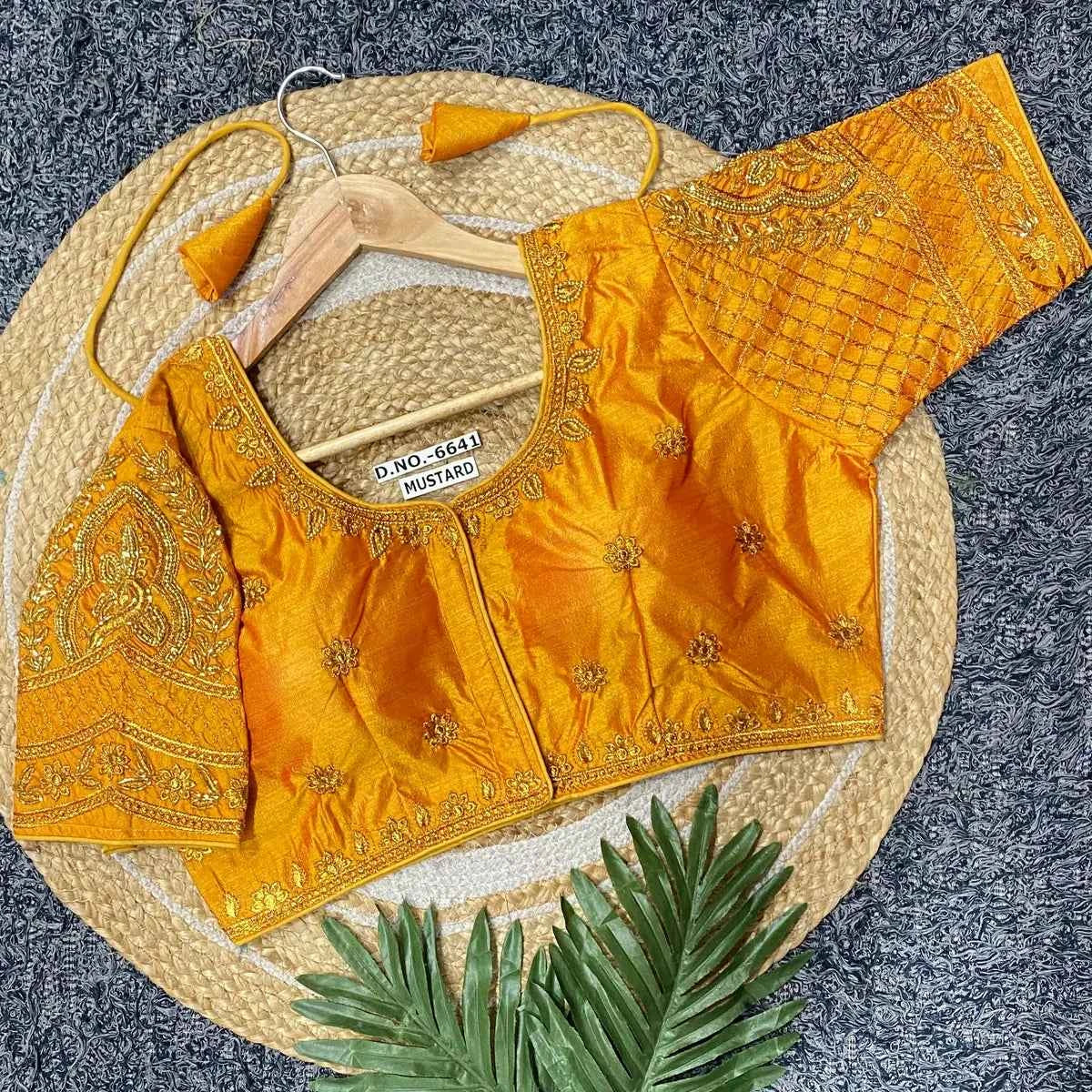 Vichitra Silk Blouse: Golden Zari & Bugle Beads Work | Pearl Embellished Round Neck - BL 6641 Blouse Line