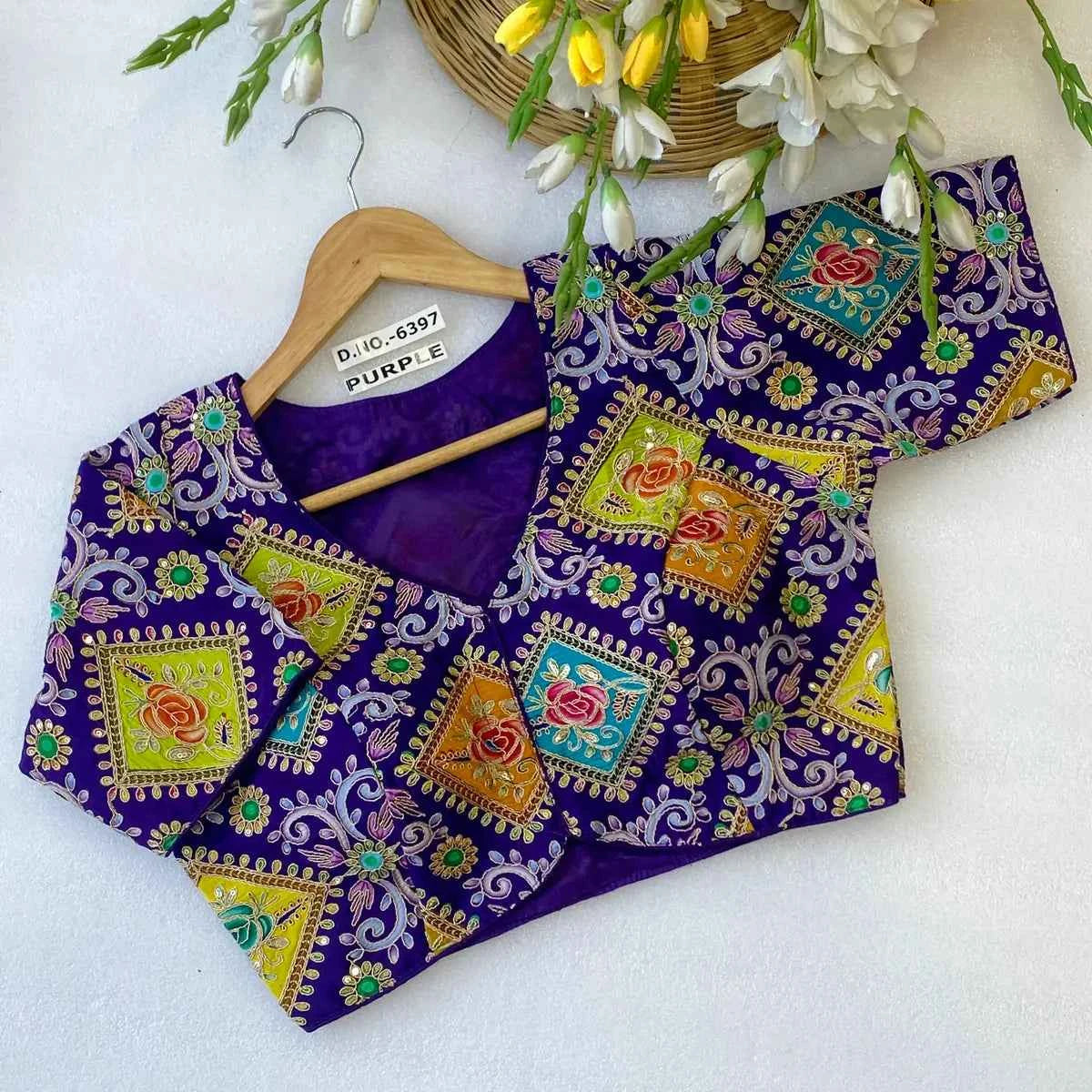 Viscose Crepe Position Print Blouse | Heavy Zari & Coding Embroidery Front Open - BL 6397