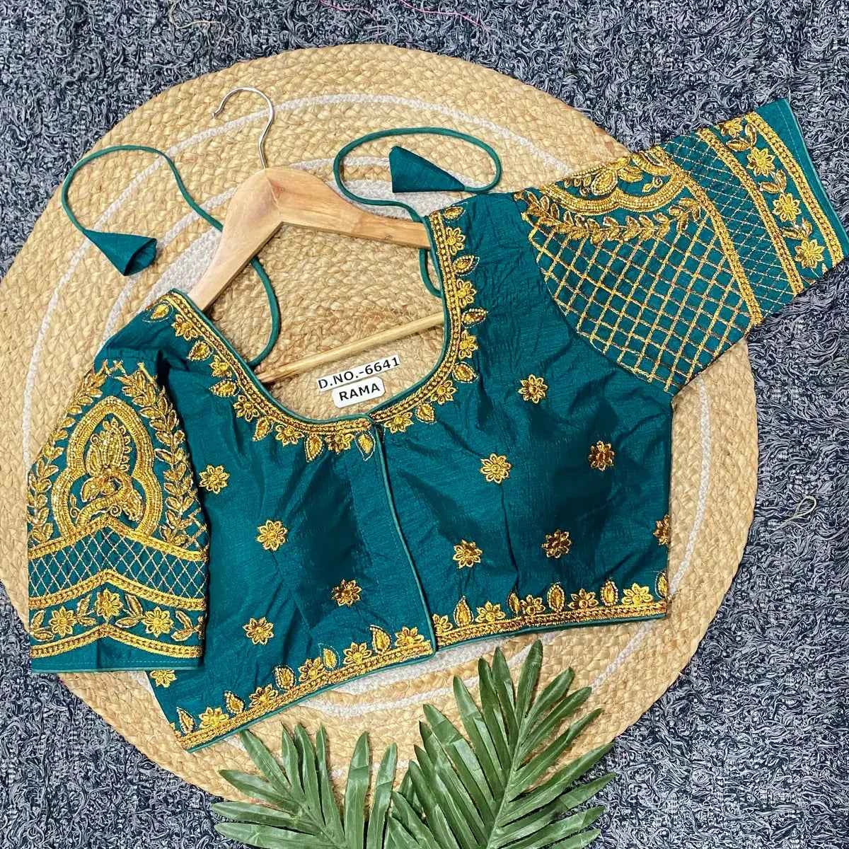 Vichitra Silk Blouse: Golden Zari & Bugle Beads Work | Pearl Embellished Round Neck - BL 6641 Blouse Line