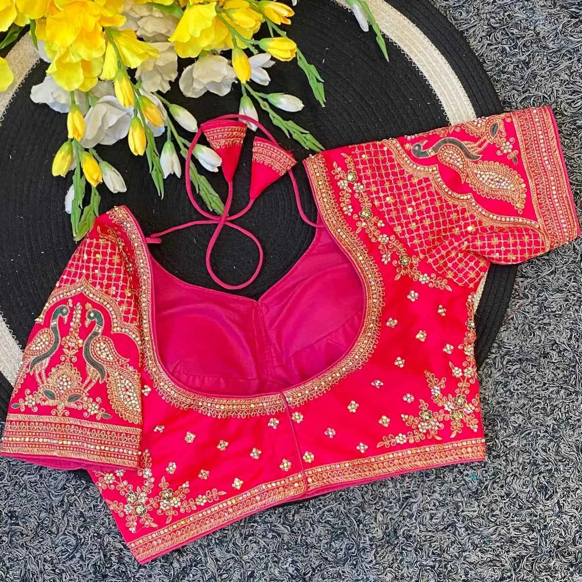 Premium Malai Silk Golden Zari Blouse with 3mm Sequins & Diamond Work - BL 6648