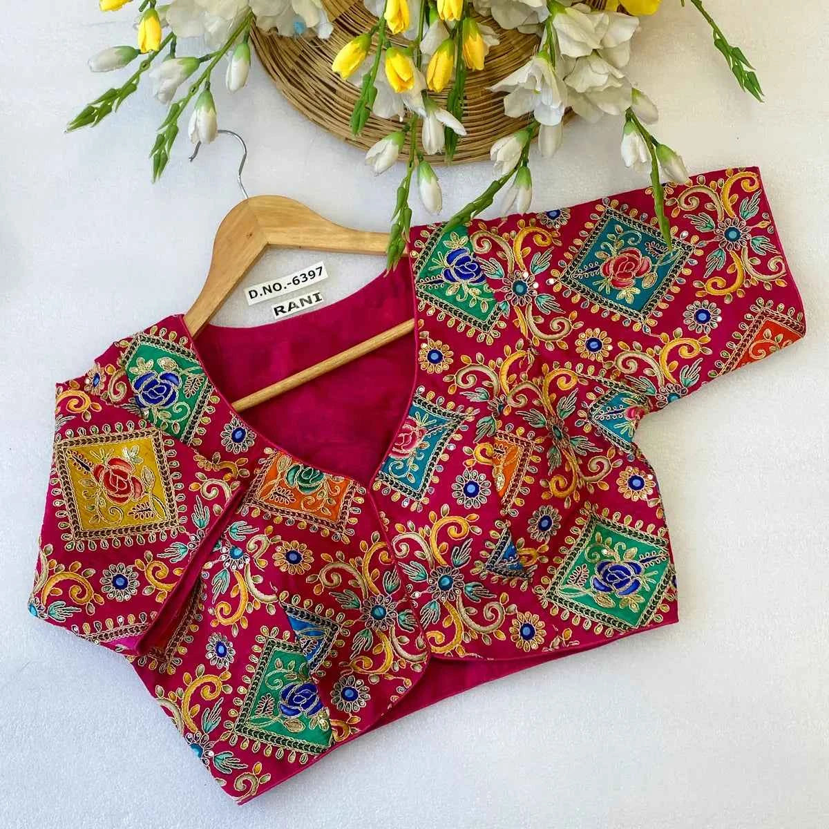 Viscose Crepe Position Print Blouse | Heavy Zari & Coding Embroidery Front Open - BL 6397