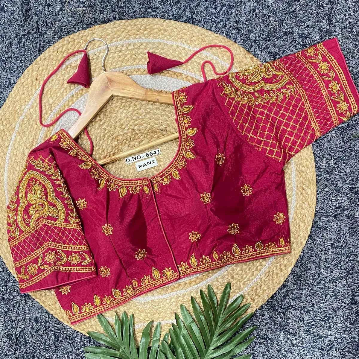 Vichitra Silk Blouse: Golden Zari & Bugle Beads Work | Pearl Embellished Round Neck - BL 6641 Blouse Line