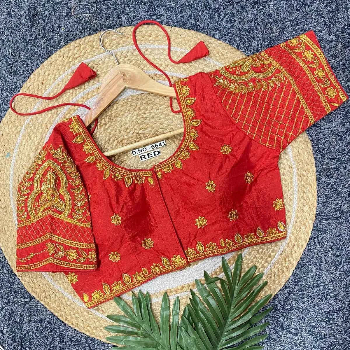 Vichitra Silk Blouse: Golden Zari & Bugle Beads Work | Pearl Embellished Round Neck - BL 6641 Blouse Line