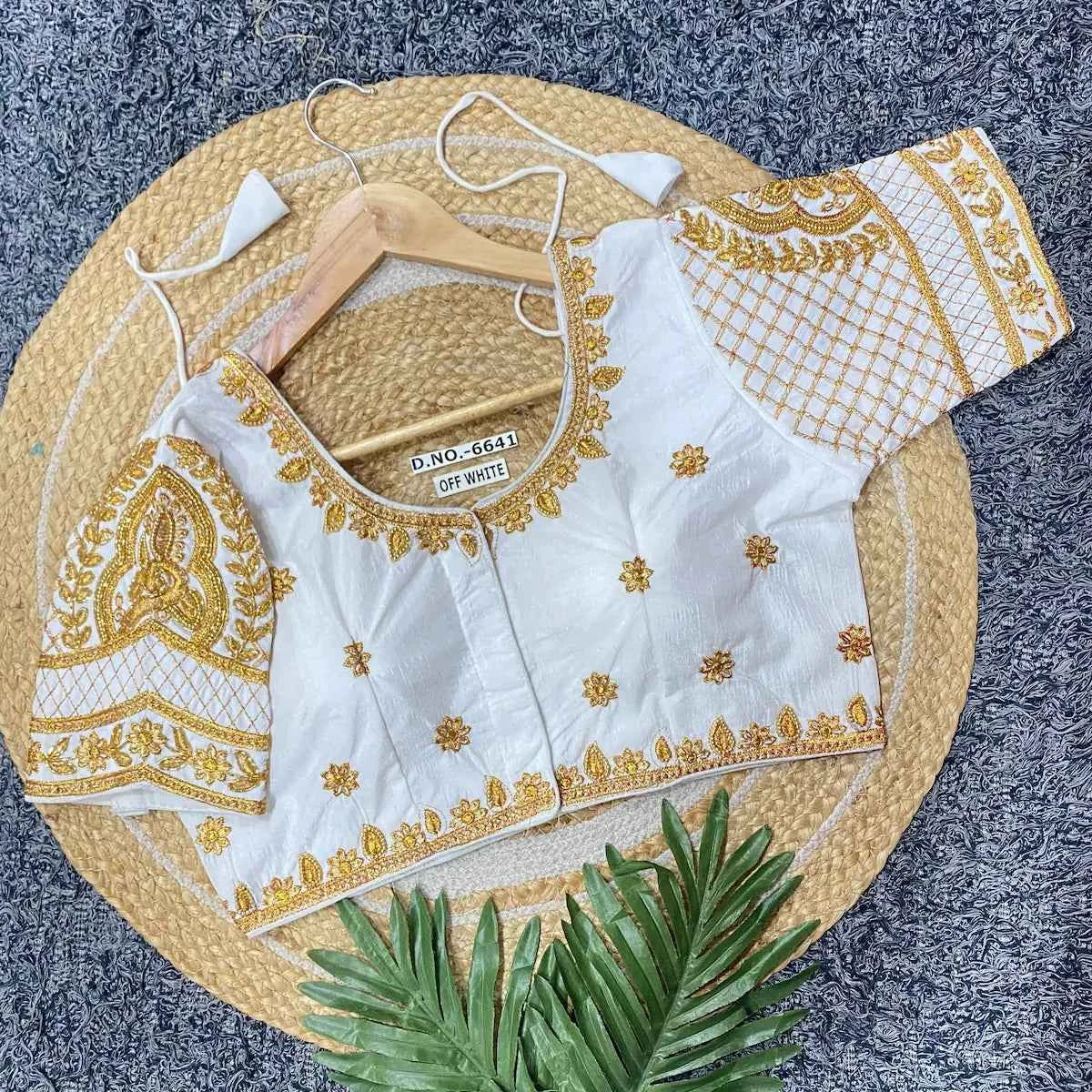 Vichitra Silk Blouse: Golden Zari & Bugle Beads Work | Pearl Embellished Round Neck - BL 6641 Blouse Line