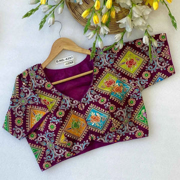 Viscose Crepe Position Print Blouse | Heavy Zari & Coding Embroidery Front Open - BL 6397