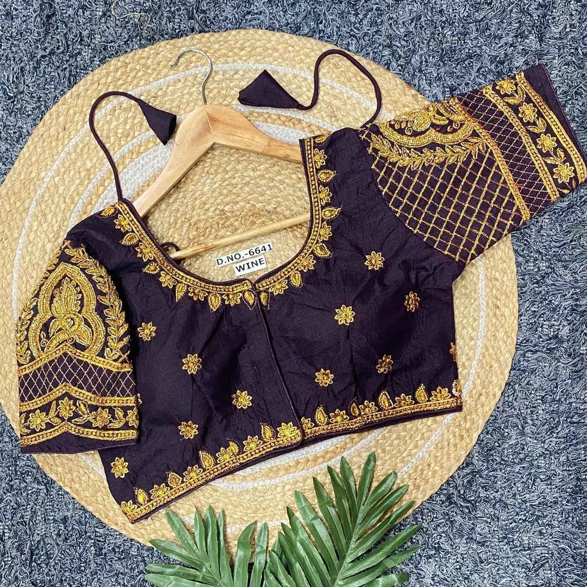 Vichitra Silk Blouse: Golden Zari & Bugle Beads Work | Pearl Embellished Round Neck - BL 6641 Blouse Line